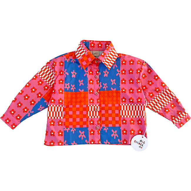 Pattern Patch Long Sleeve Button-Up Shirt, Pink & Blue