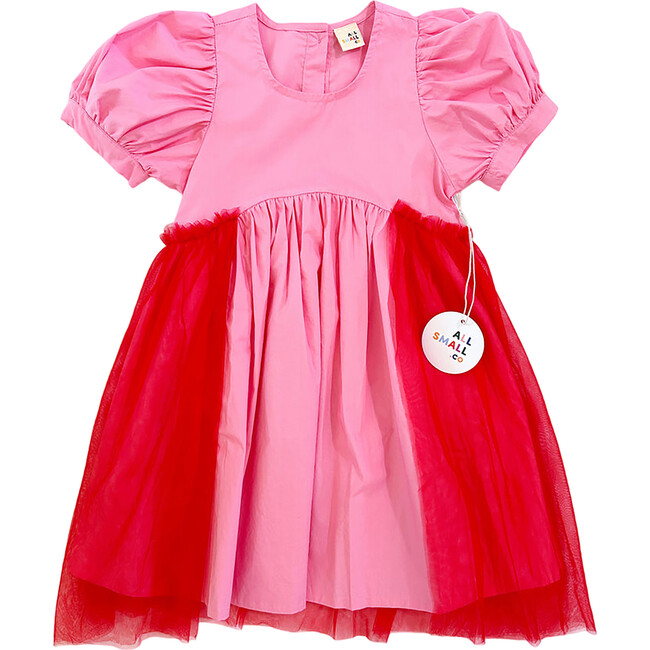 Off Duty Princess Puff Sleeve Frill Dress, Pink & Red