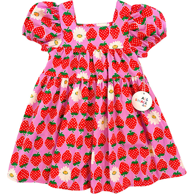 Berry Bloom Print Puff Sleeve Tiered Dress, Pink & Red