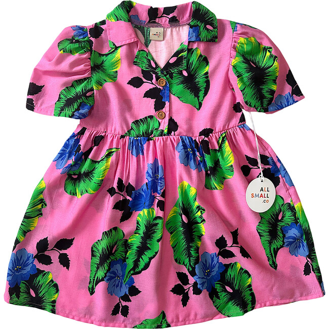 Tropical Floral Print Short Sleeve Shirt Dress, Pink