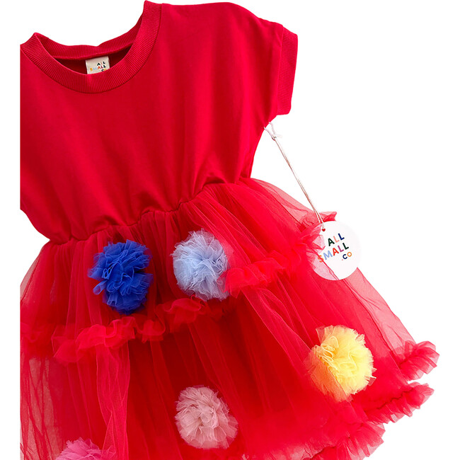 Pom Pom Crew Neck Cap Sleeve Dress, Red - Dresses - 5