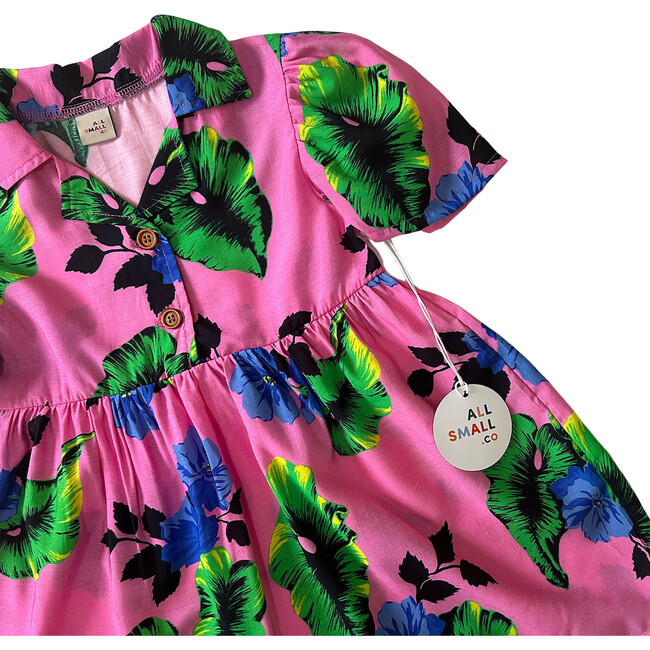 Tropical Floral Print Short Sleeve Shirt Dress, Pink - Dresses - 3