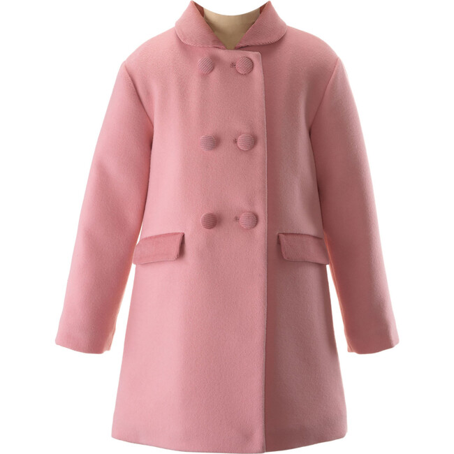 Velvet Collar Trim Pocket Flap Double Breasted Dress Coat, Soft Pink