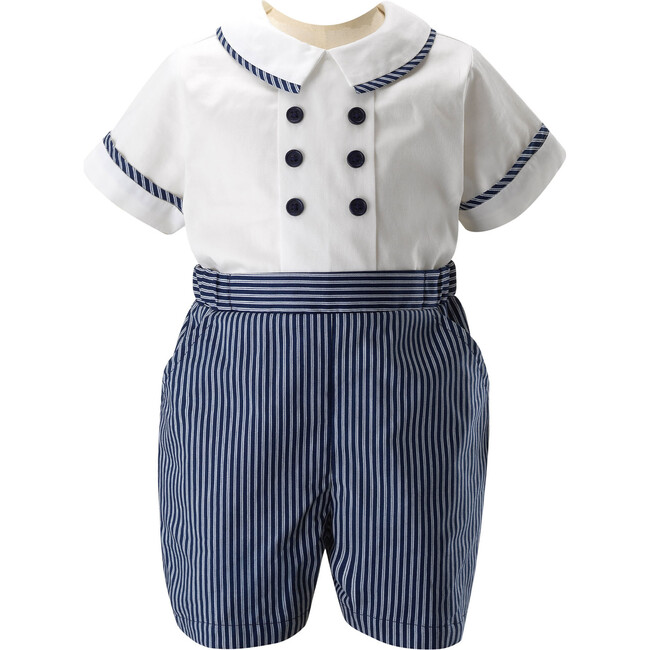 Stripe Double Breasted Shirt & Elastic Waist Striped Shorts Romper, Navy & Ivory