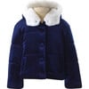 Velvet Corduroy Hooded Puffer Button Jacket, Navy - Coats - 1 - thumbnail