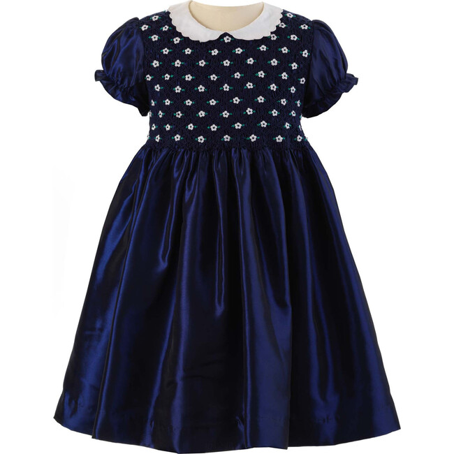 Taffeta 2-Tone Puff Sleeve Elastic Cuff Smocked Dress, Navy & Ivory