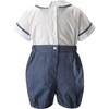 Stripe Double Breasted Shirt & Elastic Waist Striped Shorts Romper, Navy & Ivory - Mixed Apparel Set - 2