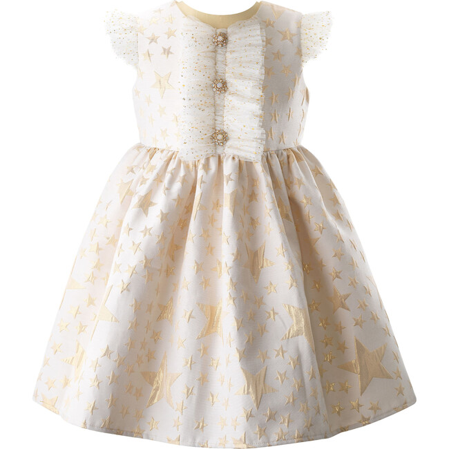 Star Tulle Ruffle Shoulder Damask Dress, Ivory & Gold