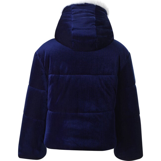 Velvet Corduroy Hooded Puffer Button Jacket, Navy - Coats - 2