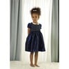 Taffeta 2-Tone Puff Sleeve Elastic Cuff Smocked Dress, Navy & Ivory - Dresses - 2