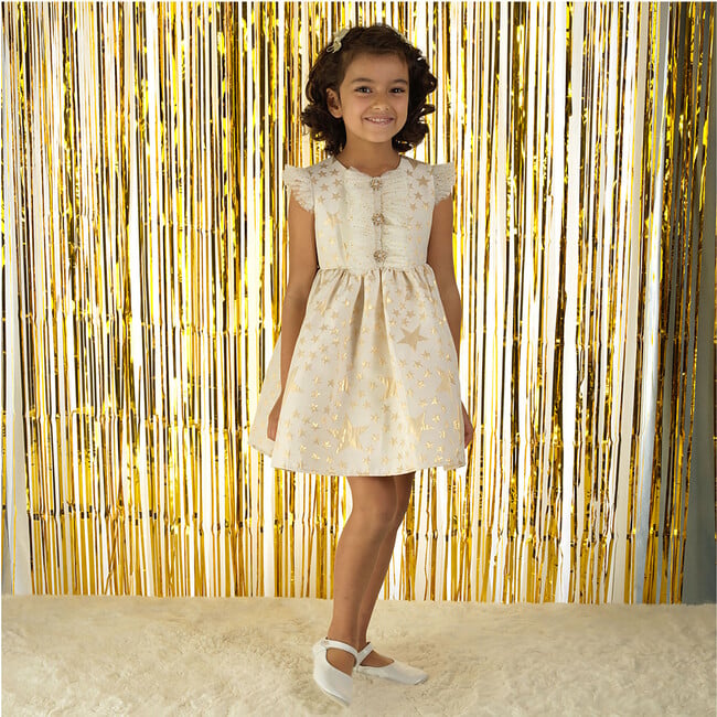 Star Tulle Ruffle Shoulder Damask Dress, Ivory & Gold - Dresses - 3