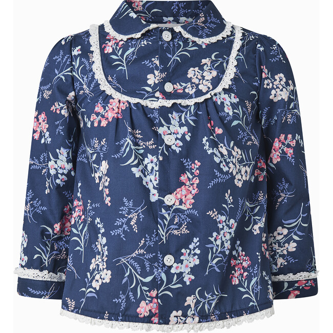 Rose Print Lace Ribbon Frill Button-Front Blouse, Navy