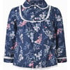 Rose Print Lace Ribbon Frill Button-Front Blouse, Navy - Blouses - 1 - thumbnail