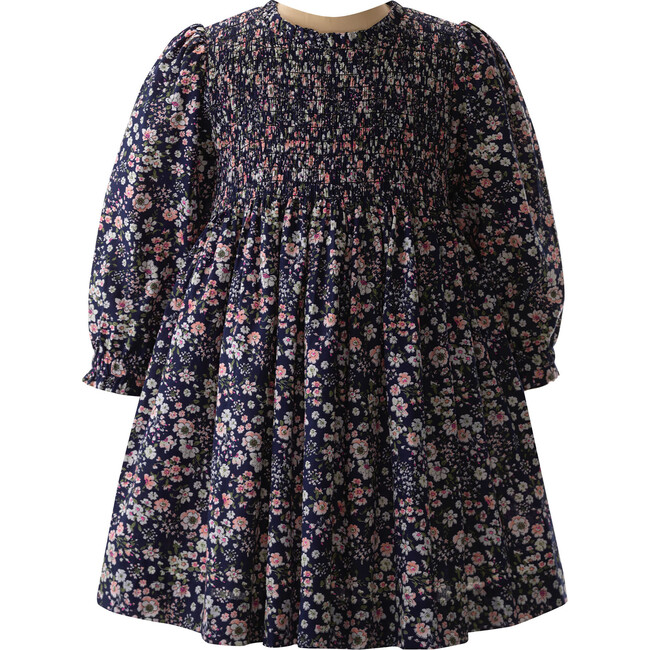 Rose Print Ruched Elastic Sleeve Frill Dress, Navy & Soft Pink