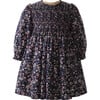 Rose Print Ruched Elastic Sleeve Frill Dress, Navy & Soft Pink - Dresses - 1 - thumbnail