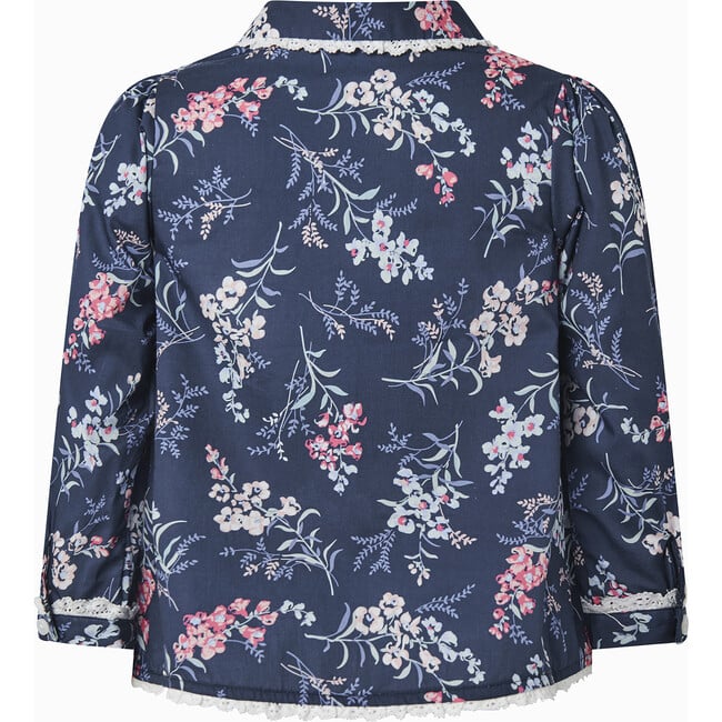 Rose Print Lace Ribbon Frill Button-Front Blouse, Navy - Blouses - 2