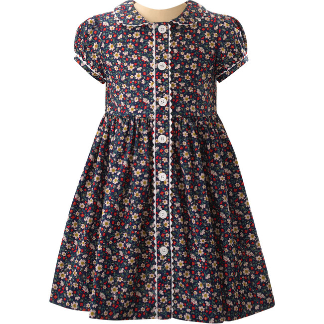 Poppy Floral Print Short Puff Sleeve Button-Front Dress, Navy & Ivory