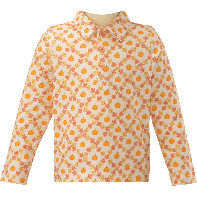 Pumpkin Print Check Long Sleeve Polo Shirt, Orange