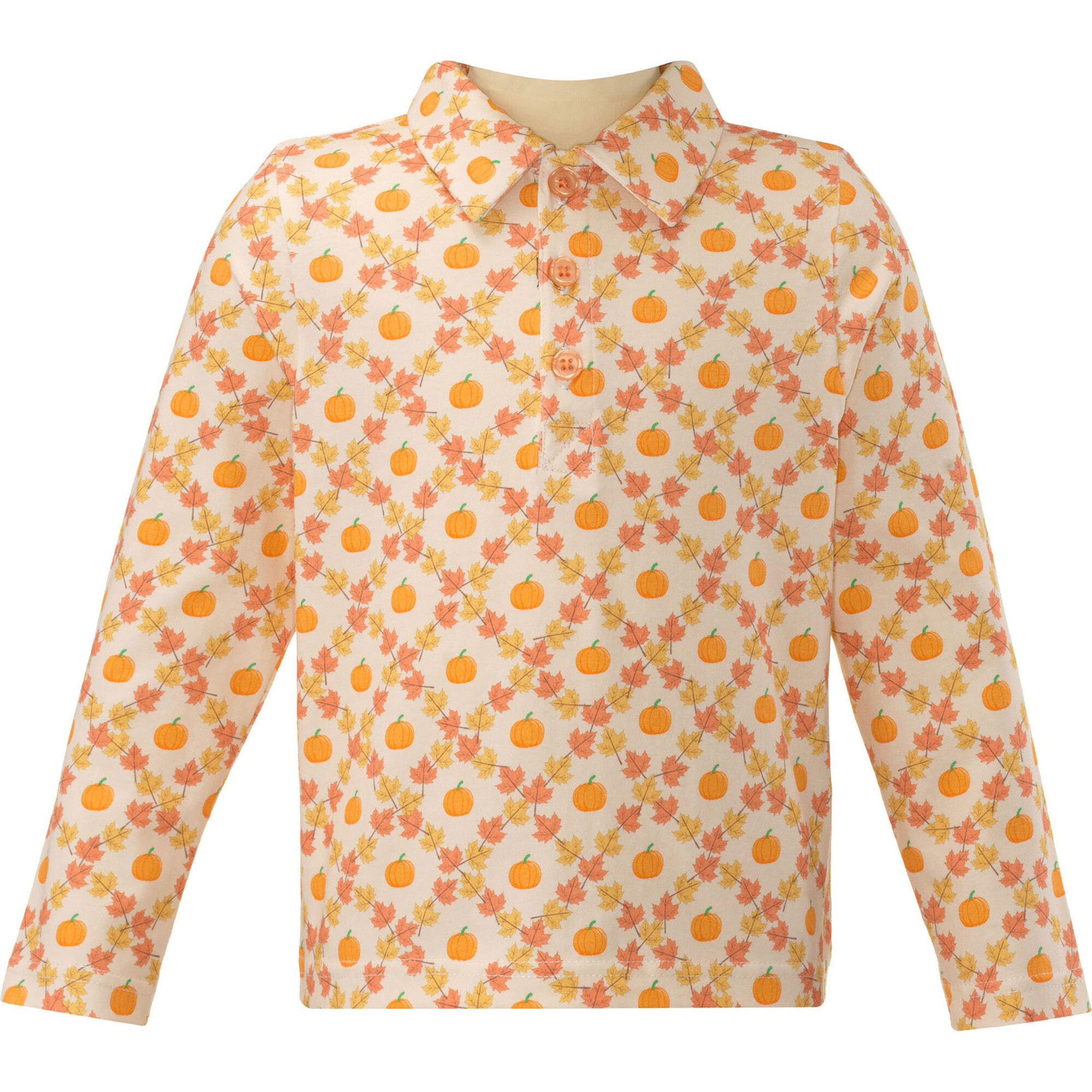 Pumpkin Print Check Long Sleeve Polo Shirt, Orange - Polo Shirts - 1