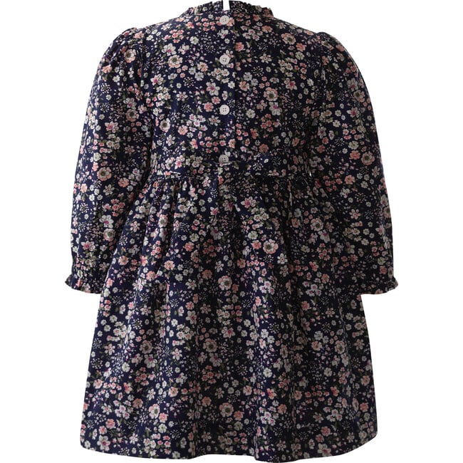 Rose Print Ruched Elastic Sleeve Frill Dress, Navy & Soft Pink - Dresses - 2