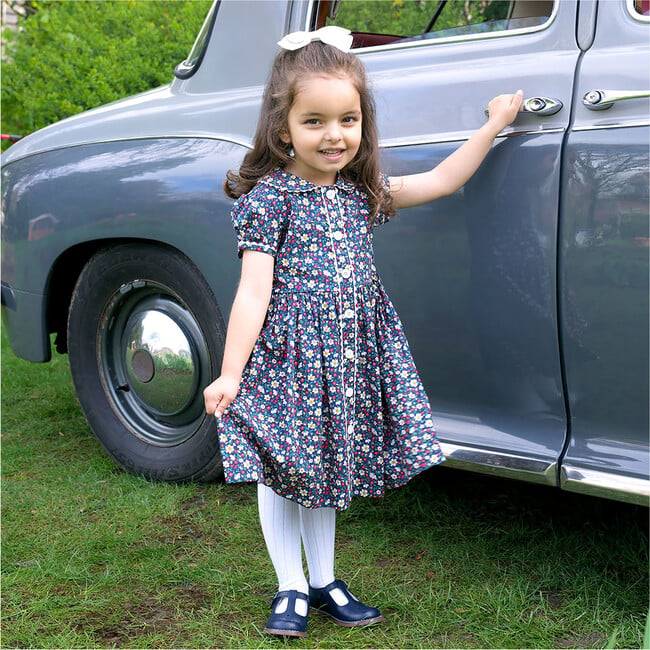 Poppy Floral Print Short Puff Sleeve Button-Front Dress, Navy & Ivory - Dresses - 3