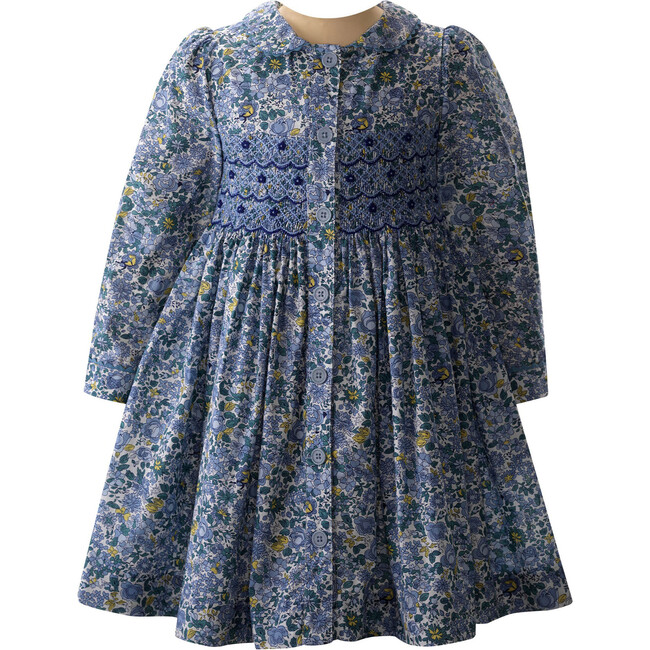 Petal Blossom Print Embroidered Button-Front Smocked Dress, Blue