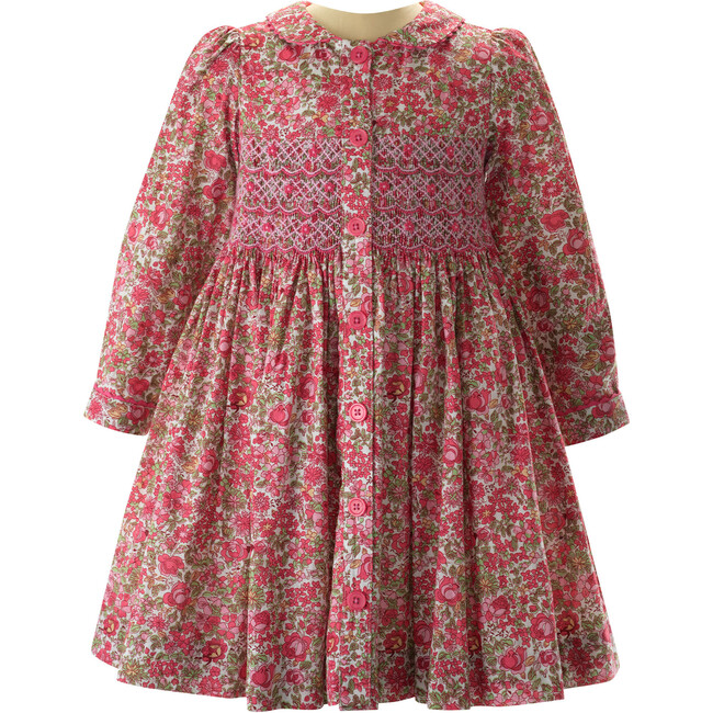 Petal Blossom Print Embroidered Button-Front Smocked Dress, Pink