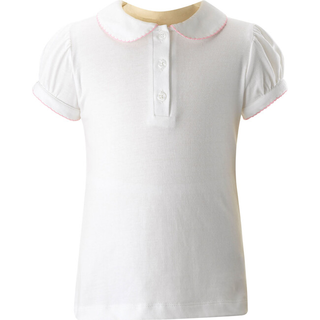 Picot Trim Peter Pan Collar Polo Shirt, Ivory & Pink