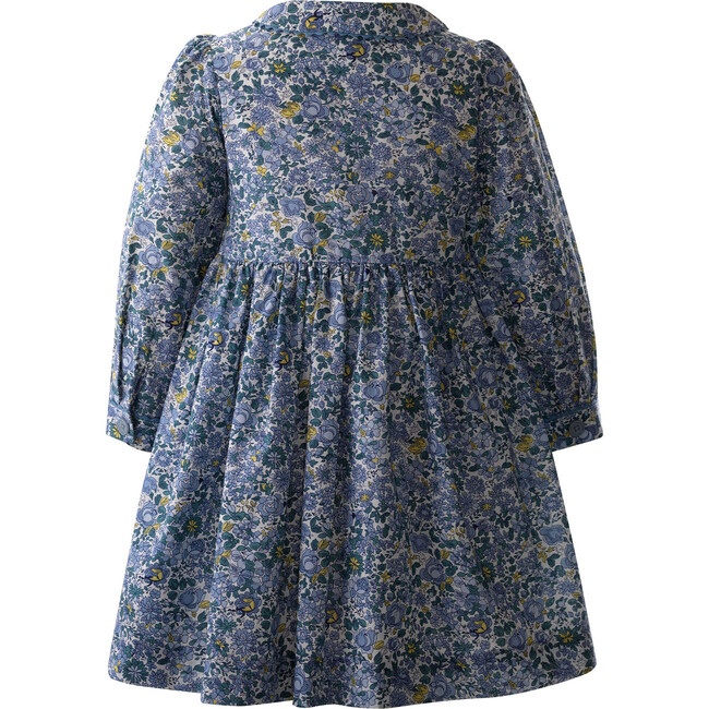 Petal Blossom Print Embroidered Button-Front Smocked Dress, Blue - Dresses - 2