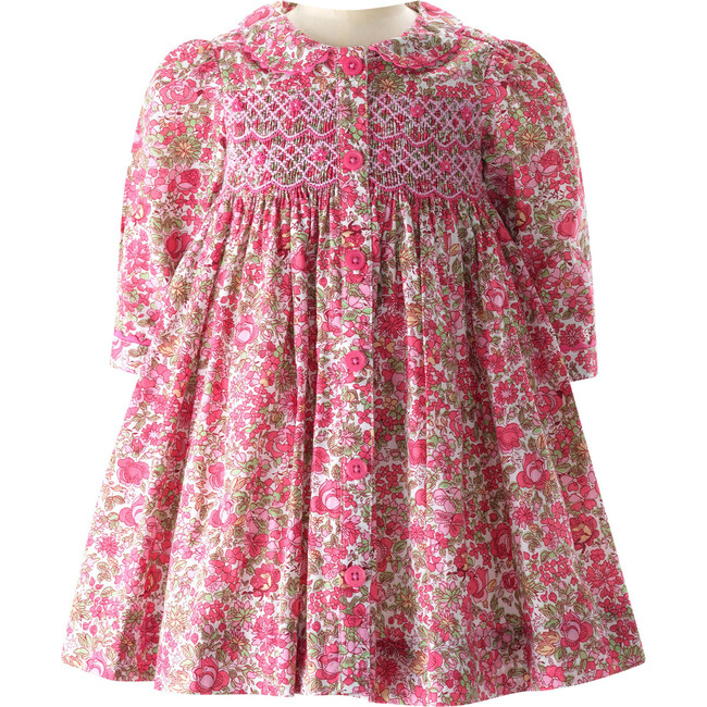 Petal Blossom Print Embroidered Button-Front Smocked Dress & Bloomers, Pink