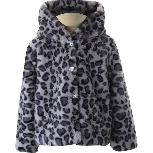 Leopard Print Faux Fur Hooded Jacket, Navy & Grey