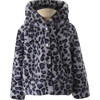 Leopard Print Faux Fur Hooded Jacket, Navy & Grey - Faux Fur Coats - 1 - thumbnail
