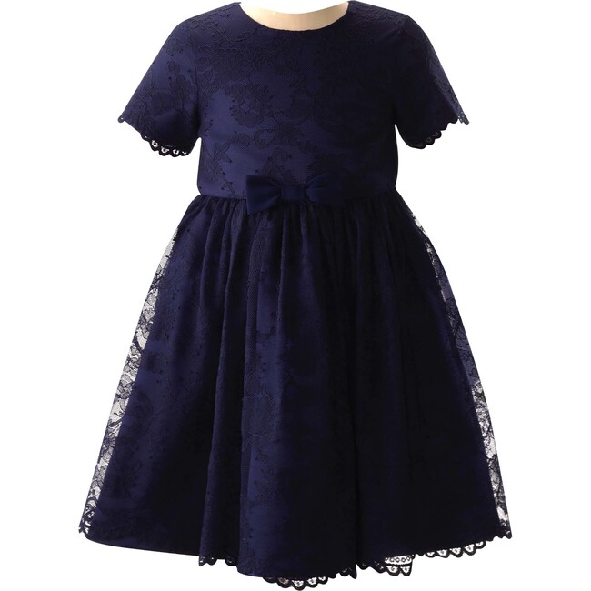 Lace Scalloped Round Neck Bow Waist Party Dress, Navy