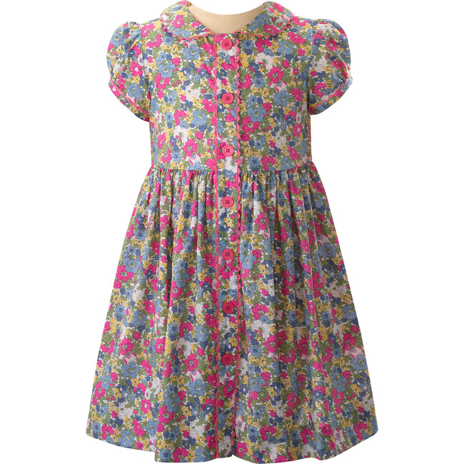 Peony Floral Print Short Puff Sleeve Button-Front Dress, Pink