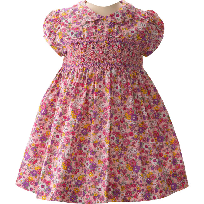 Floral Print Peter Pan Collar Smocked Dress & Bloomers, Pink, Purple & Yellow