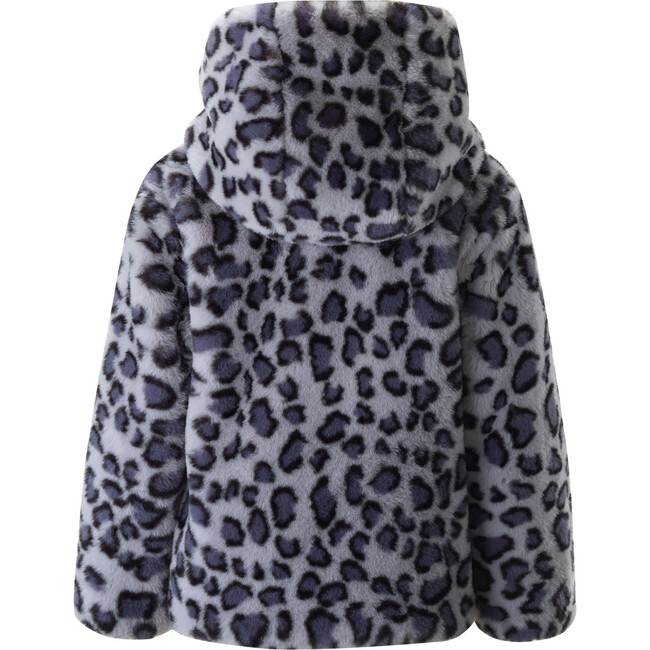 Leopard Print Faux Fur Hooded Jacket, Navy & Grey - Faux Fur Coats - 2