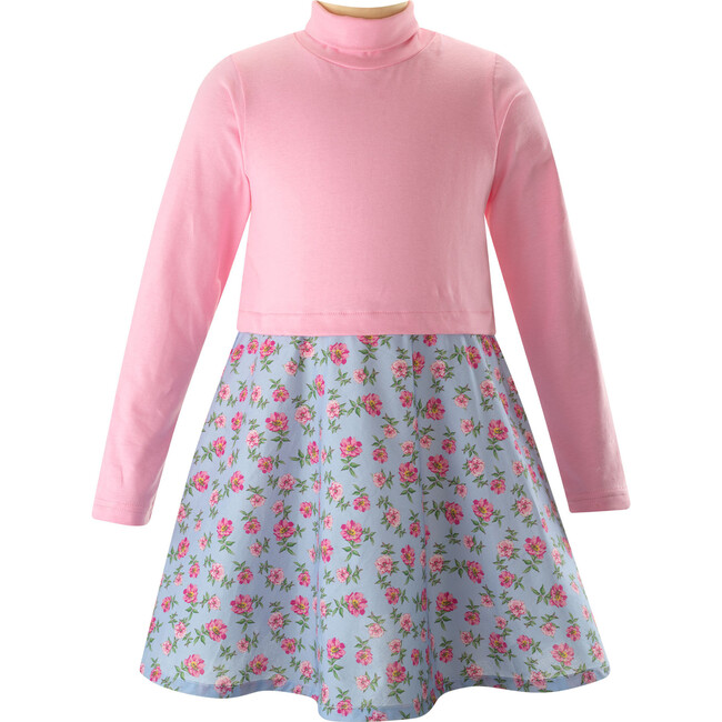 Floral Print Jersey Turtle Neck Flared Skirt Dress, Powder Pink