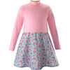 Floral Print Jersey Turtle Neck Flared Skirt Dress, Powder Pink - Dresses - 1 - thumbnail