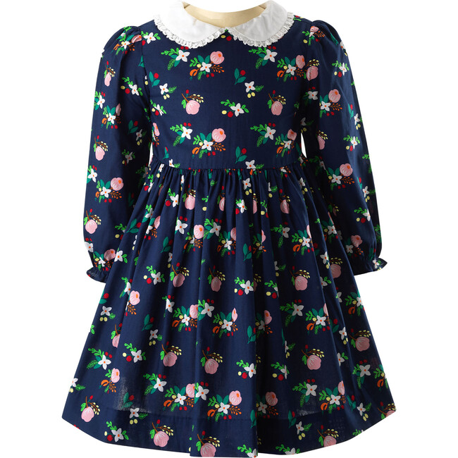 Floral Print Peter Pan Collar Elastic Sleeve Dress, Navy