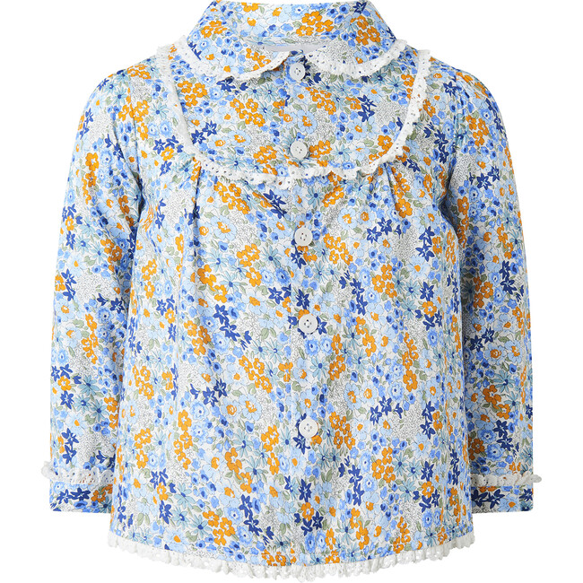 Floral Print Frill Lace Trim Button-Front Blouse, Pastel Blue & Yellow