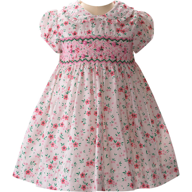 Floral Petal Short Puff Sleeve Smocked Dress & Bloomers, Pink