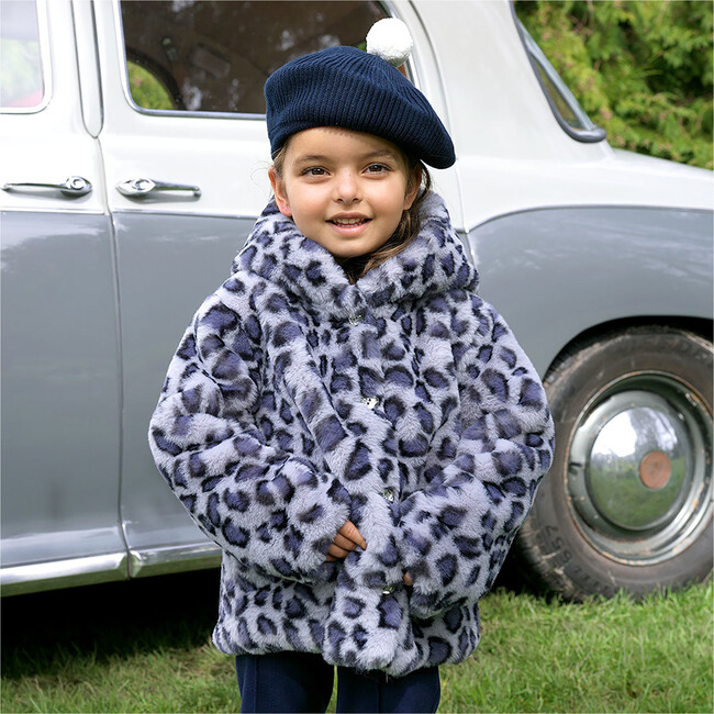Leopard Print Faux Fur Hooded Jacket, Navy & Grey - Faux Fur Coats - 3