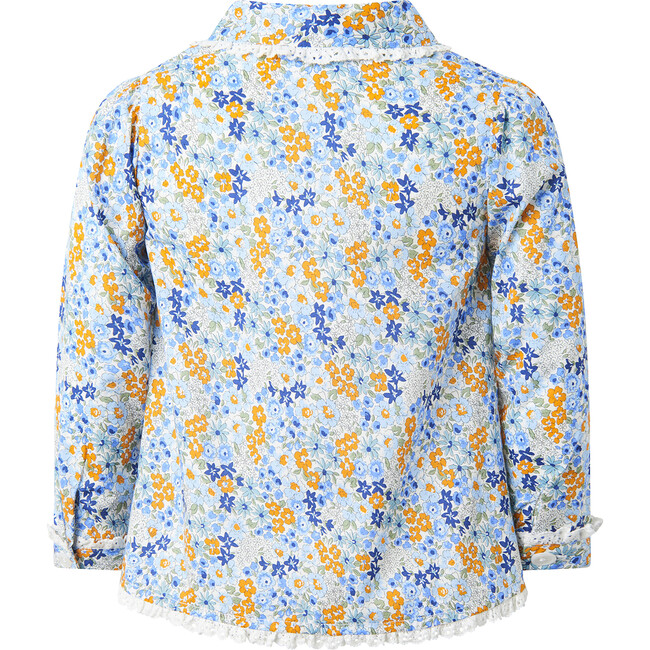 Floral Print Frill Lace Trim Button-Front Blouse, Pastel Blue & Yellow - Blouses - 2