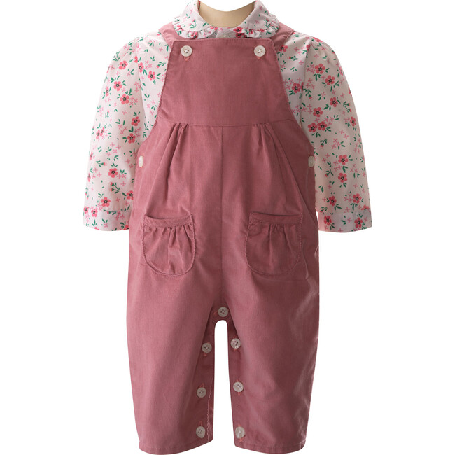 Floral Print Frill Blouse & Babycord Dungaree Set, Dusty Pink