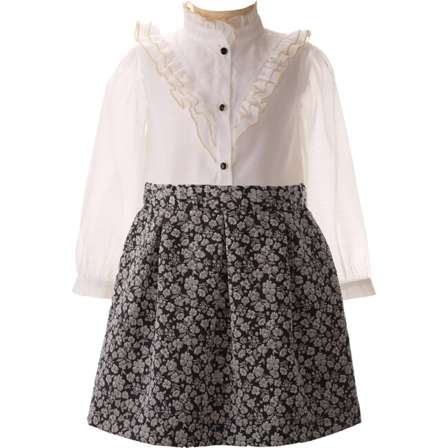 Damask Floral High Neck Long Sleeve Blouse & Pleated Skirt Set, Black & Ivory