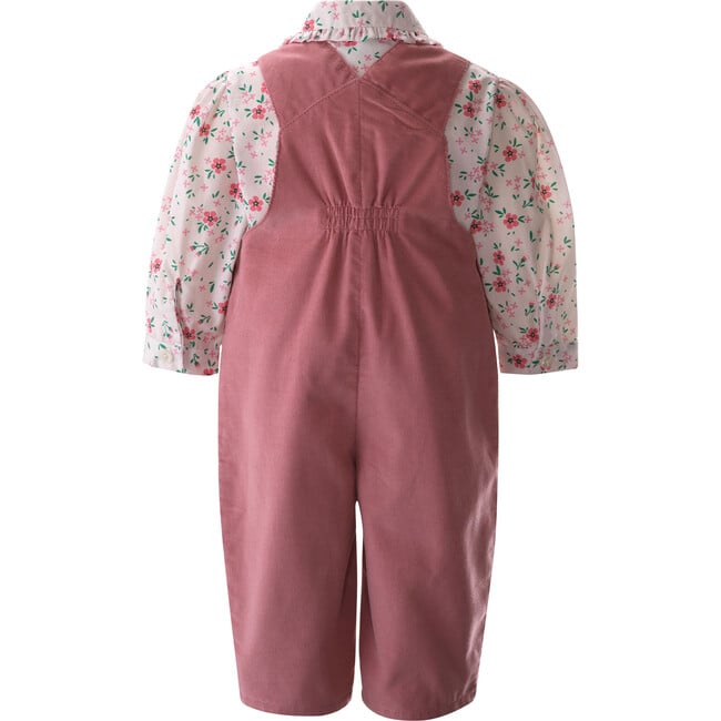 Floral Print Frill Blouse & Babycord Dungaree Set, Dusty Pink - Mixed Apparel Set - 2