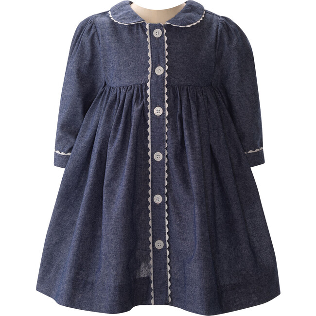 Chambray Long Sleeve Ric Rac Trim Button-Front Dress & Bloomers, Navy & Ivory