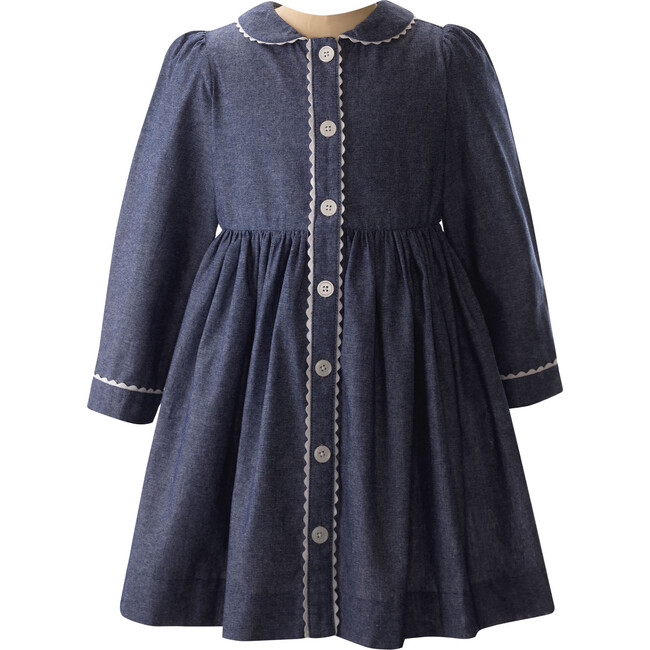 Chambray Long Sleeve Ric Rac Trim Button-Front Dress, Navy & Ivory