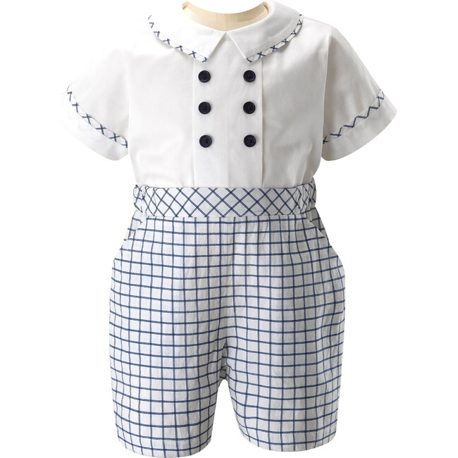 Check Double Breasted Shirt & Elastic Waist Short Romper, White & Ivory