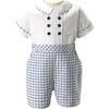 Check Double Breasted Shirt & Elastic Waist Short Romper, White & Ivory - Mixed Apparel Set - 1 - thumbnail